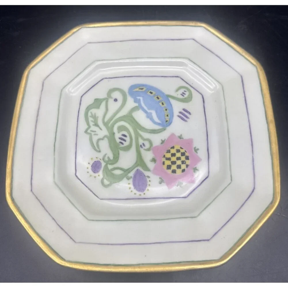 VTG B &‎ Co Limoges Hand Painted Pink Floral & Gold Octagon Plate 8.5” Signed